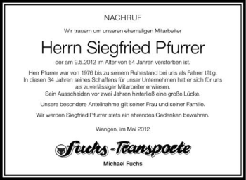 Anzeige von Siegfried Pfurrer von Schwäbische Zeitung