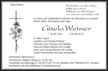 Anzeige von Gisela Weimer von Schwäbische Zeitung