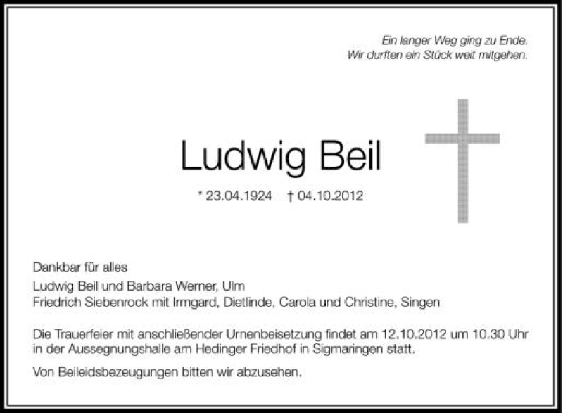  Traueranzeige für Ludwig Beil vom 09.10.2012 aus Schwäbische Zeitung