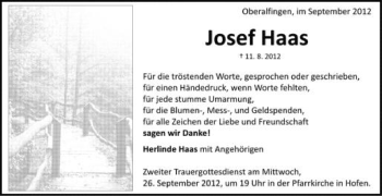 Anzeige von Josef Haas von Schwäbische Zeitung