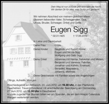 Anzeige von Eugen Sigg von Schwäbische Zeitung
