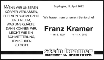 Anzeige von Franz Kramer von Schwäbische Zeitung