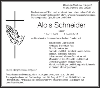 Anzeige von Alois Schneider von Schwäbische Zeitung