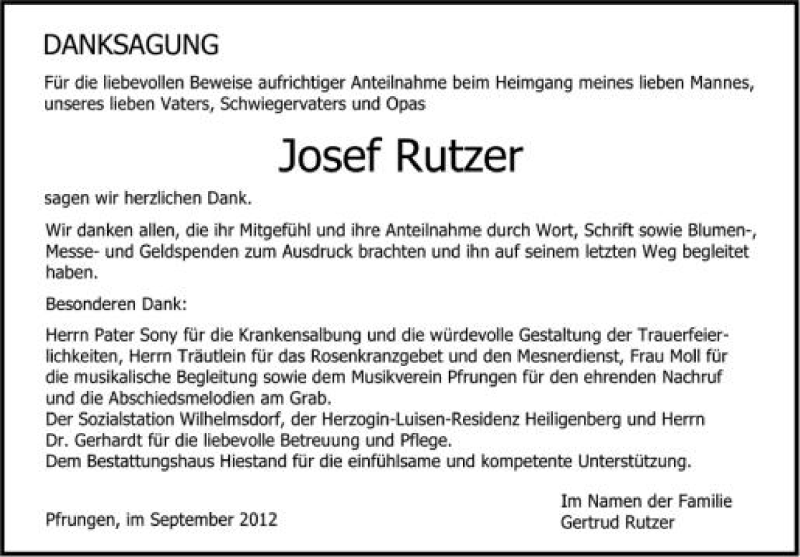  Traueranzeige für Josef Rutzer vom 29.09.2012 aus Schwäbische Zeitung