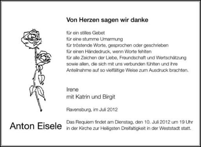  Traueranzeige für Anton Eisele vom 07.07.2012 aus Schwäbische Zeitung