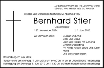 Anzeige von Bernhard Stier von Schwäbische Zeitung