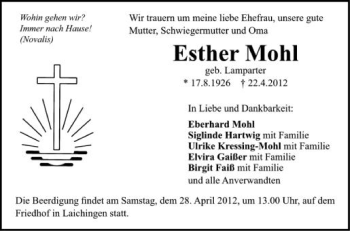 Anzeige von Esther Mohl von Schwäbische Zeitung