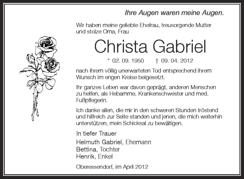  Traueranzeige für Christa Gabriel vom 23.04.2012 aus Schwäbische Zeitung