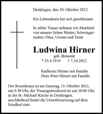 Anzeige von Ludwina Hirner von Schwäbische Zeitung