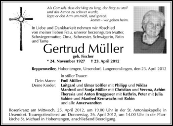 Anzeige von Gertrud Müller von Schwäbische Zeitung