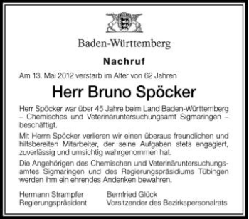 Anzeige von Bruno Spöcker von Schwäbische Zeitung