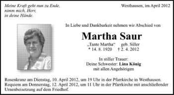 Anzeige von Martha Saur von Schwäbische Zeitung
