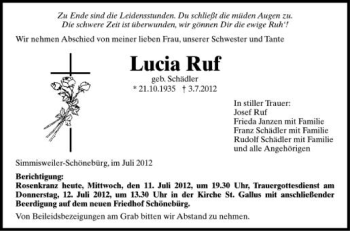 Anzeige von Lucia Ruf von Schwäbische Zeitung