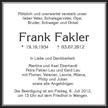 Anzeige von Farnk Fakler von Schwäbische Zeitung