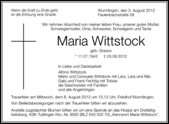 Anzeige von Maria Wittstock von Schwäbische Zeitung