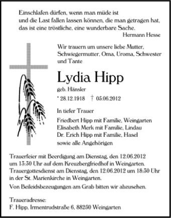 Anzeige von Lydia Hipp von Schwäbische Zeitung