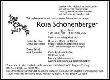 Anzeige von Rosa Schönenberger von Schwäbische Zeitung