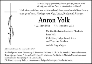 Anzeige von Anton Volk von Schwäbische Zeitung