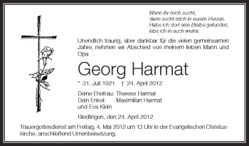 Anzeige von Georg Harmat von Schwäbische Zeitung