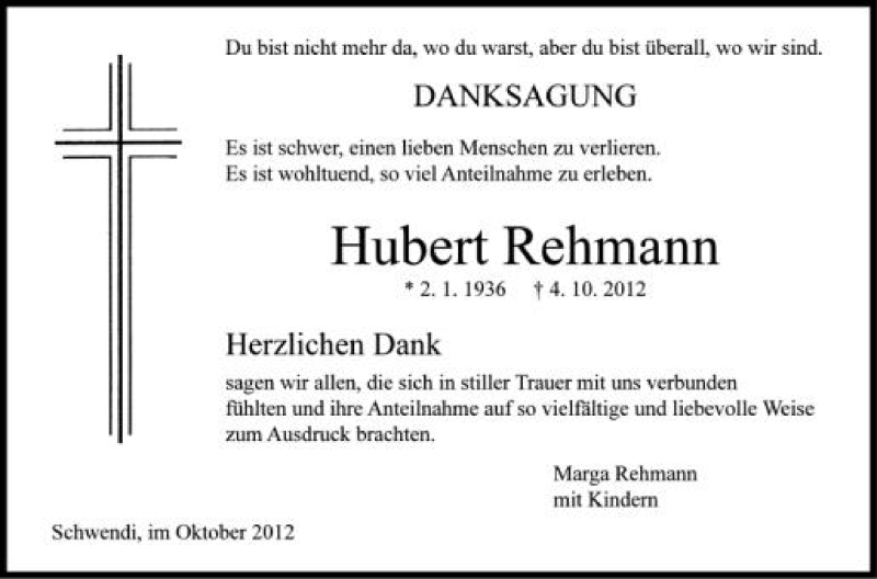  Traueranzeige für Hubert Rehmann vom 29.10.2012 aus Schwäbische Zeitung