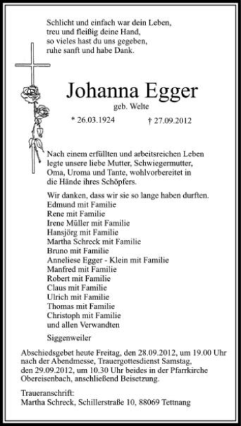 Anzeige von Johanna Egger von Schwäbische Zeitung