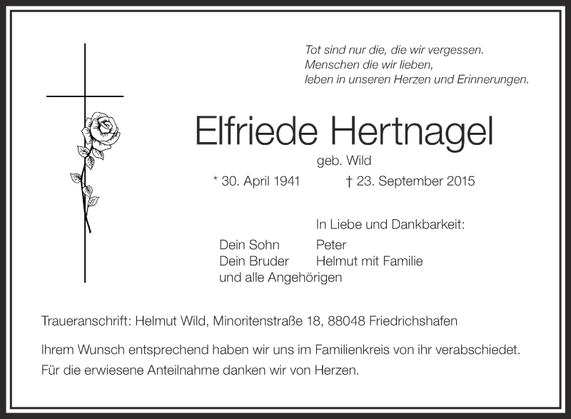  Traueranzeige für Elfriede Hertnagel vom 10.10.2015 aus Schwäbische Zeitung