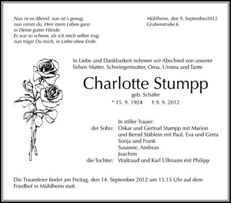  Traueranzeige für Charlotte Stumpp vom 12.09.2012 aus Schwäbische Zeitung