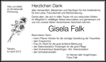 Anzeige von Gisela Falk von Schwäbische Zeitung