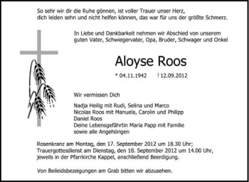 Anzeige von Aloyse Roos von Schwäbische Zeitung