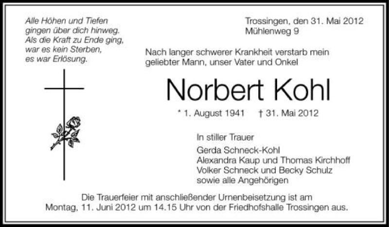  Traueranzeige für Norbert Kohl vom 06.06.2012 aus Schwäbische Zeitung