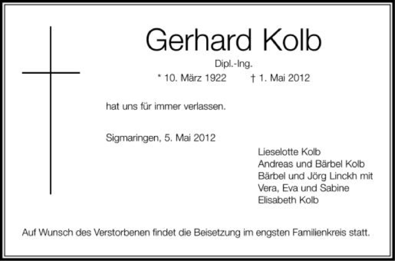  Traueranzeige für Gerhard Kolb vom 05.05.2012 aus Schwäbische Zeitung