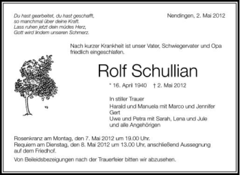 Anzeige von Rolf Schullian von Schwäbische Zeitung