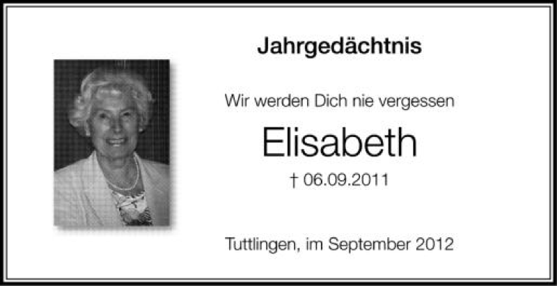  Traueranzeige für Elisabeth  vom 06.09.2012 aus Schwäbische Zeitung