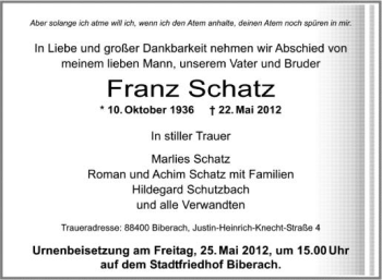 Anzeige von Franz Schatz von Schwäbische Zeitung