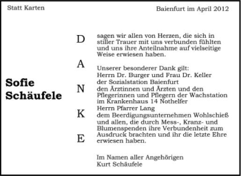 Anzeige von Sofie Schäufele von Schwäbische Zeitung