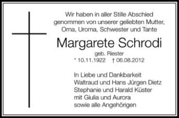 Anzeige von Margarete Schrodi von Schwäbische Zeitung