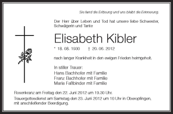Anzeige von Elisabeth Kibler von Schwäbische Zeitung