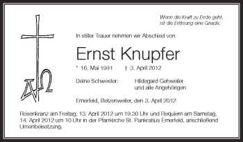 Anzeige von Ernst Knupfer von Schwäbische Zeitung