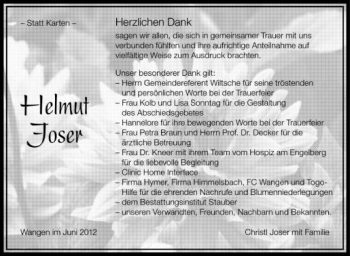 Anzeige von Helmut Joser von Schwäbische Zeitung