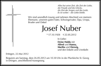 Anzeige von Josef Nuber von Schwäbische Zeitung