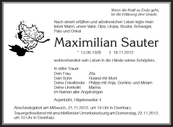 Anzeige von Maximilian Sauter von Schwäbische Zeitung