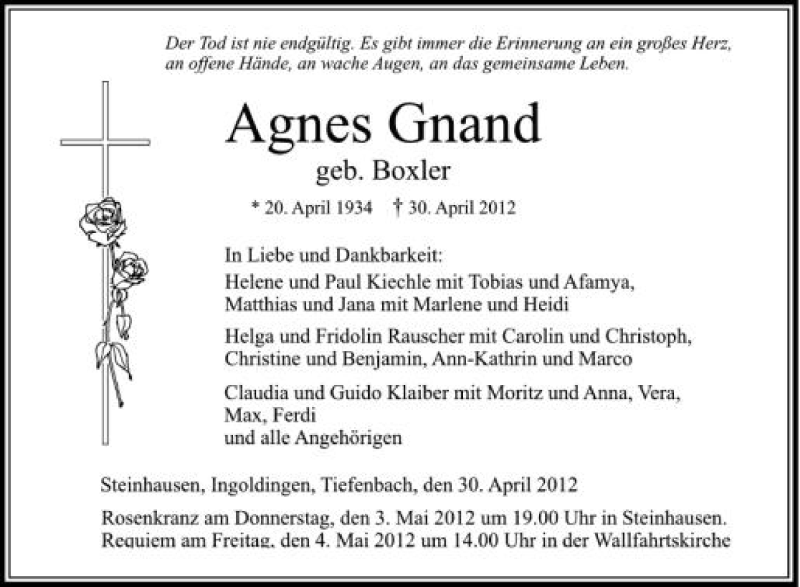  Traueranzeige für Agnes Gnand vom 03.05.2012 aus Schwäbische Zeitung