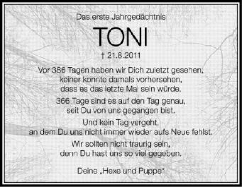  Traueranzeige für Toni  vom 21.08.2012 aus Schwäbische Zeitung