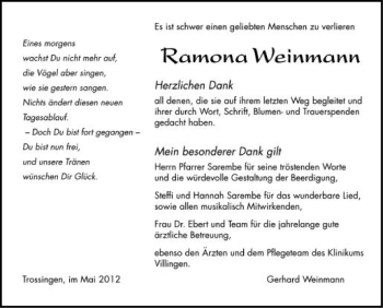 Anzeige von Ramona Weinmann von Schwäbische Zeitung
