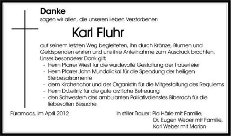  Traueranzeige für Karl Fluhr vom 13.04.2012 aus Schwäbische Zeitung