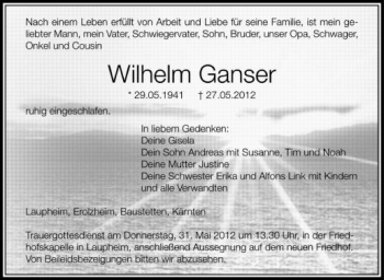 Anzeige von Wilhelm Ganser von Schwäbische Zeitung