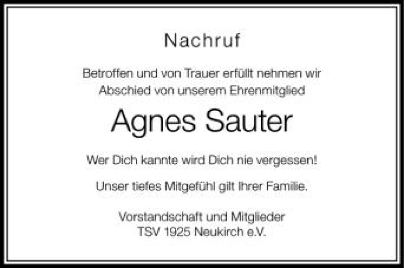  Traueranzeige für Agnes Sauter vom 23.08.2012 aus Schwäbische Zeitung