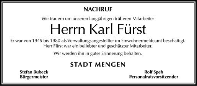  Traueranzeige für Karl Fürst vom 05.05.2012 aus Schwäbische Zeitung