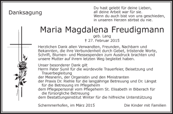 Anzeige von Maria Magdalena Freudigmann von Schwäbische Zeitung