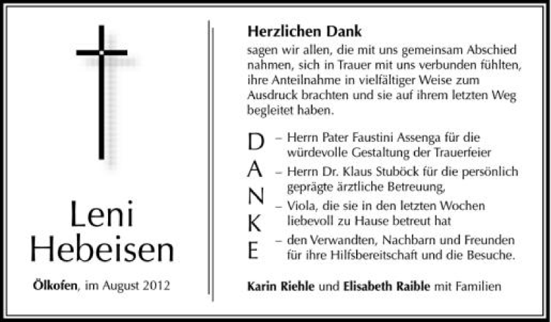 Traueranzeige für Leni Hebeisen vom 28.08.2012 aus Schwäbische Zeitung